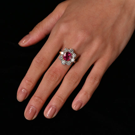 3.80 Carat Oval Cut Purplish Red Burma Ruby Round Diamond Halo Ring-Time and Carat