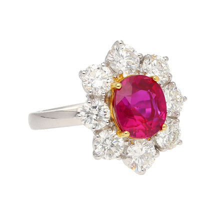 3.80 Carat Oval Cut Purplish Red Burma Ruby Round Diamond Halo Ring-Time and Carat