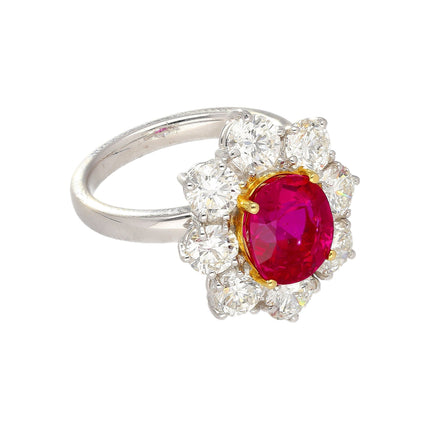 3.80 Carat Oval Cut Purplish Red Burma Ruby Round Diamond Halo Ring-Time and Carat