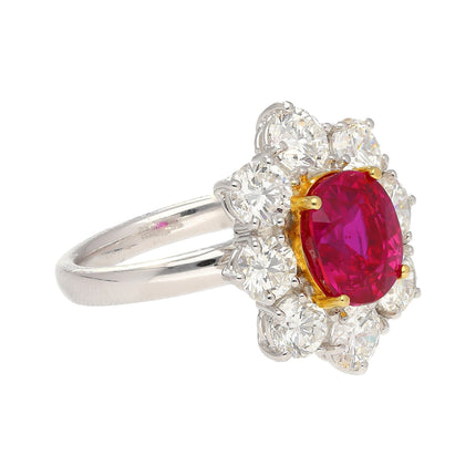 3.80 Carat Oval Cut Purplish Red Burma Ruby Round Diamond Halo Ring-Time and Carat