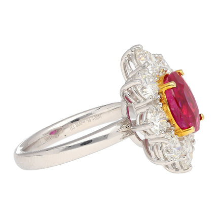 3.80 Carat Oval Cut Purplish Red Burma Ruby Round Diamond Halo Ring-Time and Carat