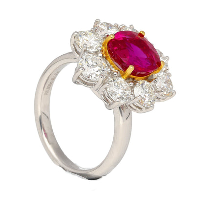 3.80 Carat Oval Cut Purplish Red Burma Ruby Round Diamond Halo Ring-Time and Carat