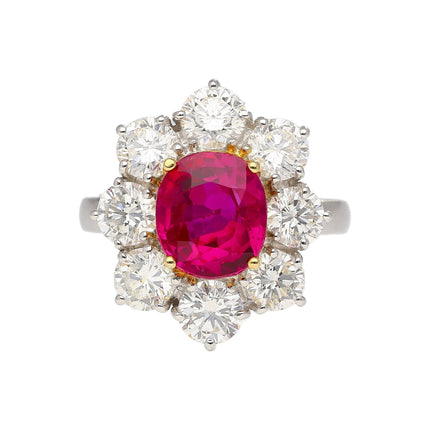 3.80 Carat Oval Cut Purplish Red Burma Ruby Round Diamond Halo Ring-Time and Carat