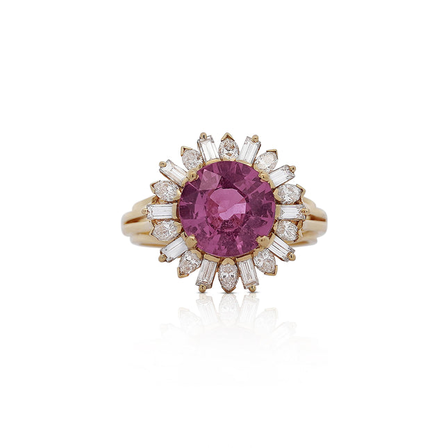 3.80 Carat Oval Pink Sapphire Baguette Marquise Diamond Starburst Halo Statement Ring-Time and Carat