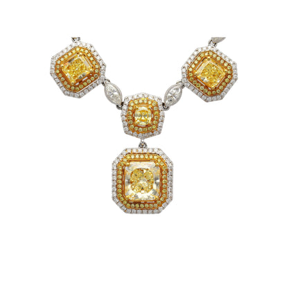 3.81 Carat Radiant Cut Fancy Yellow Diamond White Diamond Charm Necklace Double Halo Marquise Round 18K White Yellow Gold-Time and Carat