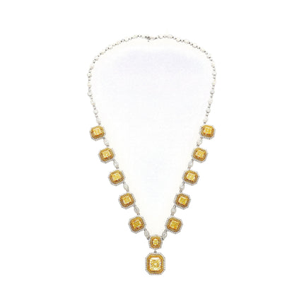 3.81 Carat Radiant Cut Fancy Yellow Diamond White Diamond Charm Necklace Double Halo Marquise Round 18K White Yellow Gold-Time and Carat