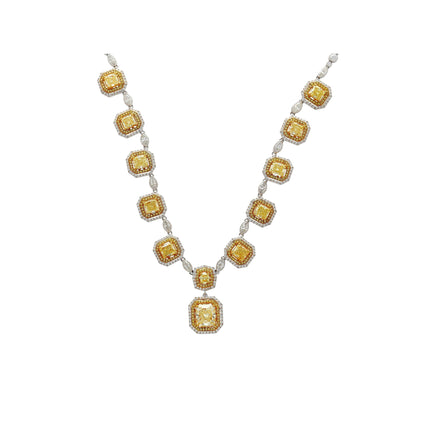 3.81 Carat Radiant Cut Fancy Yellow Diamond White Diamond Charm Necklace Double Halo Marquise Round 18K White Yellow Gold-Time and Carat