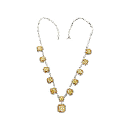 3.81 Carat Radiant Cut Fancy Yellow Diamond White Diamond Charm Necklace Double Halo Marquise Round 18K White Yellow Gold-Time and Carat