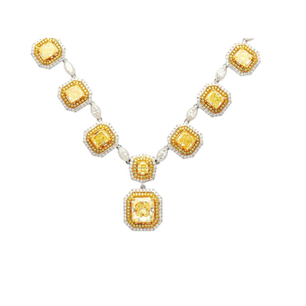 3.81 Carat Radiant Cut Fancy Yellow Diamond White Diamond Charm Necklace Double Halo Marquise Round 18K White Yellow Gold-Time and Carat