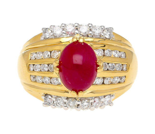 3.93 Carat Oval Cabochon No Heat Ruby Diamond Wide Band Cocktail Ring 18K Gold-Time and Carat