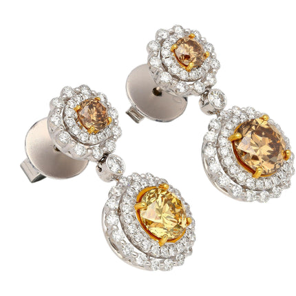 3.96 Carat Round Fancy Brown Yellow Diamond Halo Drop Earrings Two Tone Gold-Time and Carat