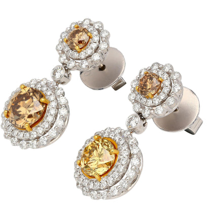 3.96 Carat Round Fancy Brown Yellow Diamond Halo Drop Earrings Two Tone Gold-Time and Carat