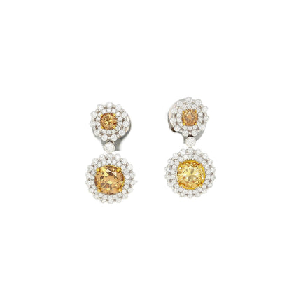 3.96 Carat Round Fancy Brown Yellow Diamond Halo Drop Earrings Two Tone Gold-Time and Carat