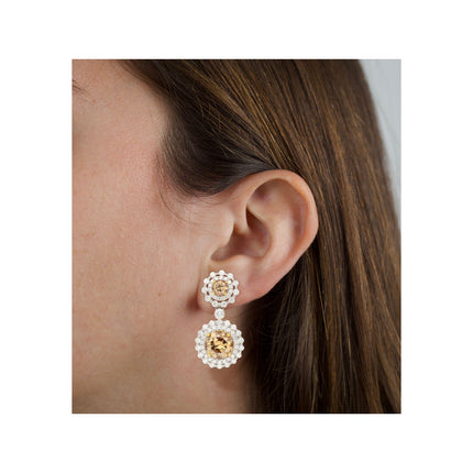 3.96 Carat Round Fancy Brown Yellow Diamond Halo Drop Earrings Two Tone Gold-Time and Carat