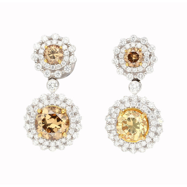 3.96 Carat Round Fancy Brown Yellow Diamond Halo Drop Earrings Two Tone Gold-Time and Carat