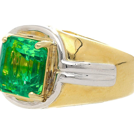 3.98 Carat Emerald Cut Colombian Emerald Men's Ring Platinum 18K Yellow Gold Two-Tone Minor Oil-Time and Carat