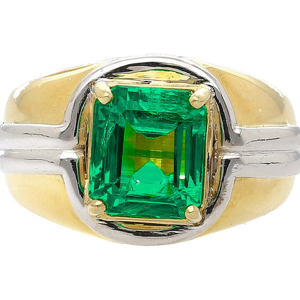3.98 Carat Emerald Cut Colombian Emerald Men's Ring Platinum 18K Yellow Gold Two-Tone Minor Oil-Time and Carat