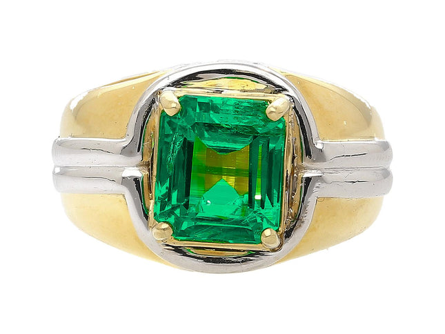 3.98 Carat Emerald Cut Colombian Emerald Men's Ring Platinum 18K Yellow Gold Two-Tone Minor Oil-Time and Carat