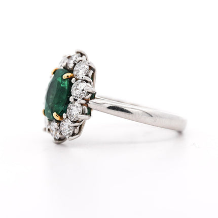 2.69 Carat Vivid Green Oval Emerald Round Diamond Cluster Halo Platinum Ring