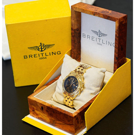 40mm Breitling Chronomat Automatic Chronograph 18K Solid Gold Black Dial Rotating Bezel Tachymeter Date Mens Watch 1995-Time and Carat