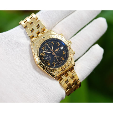 40mm Breitling Chronomat Automatic Chronograph 18K Solid Gold Black Dial Rotating Bezel Tachymeter Date Mens Watch 1995-Time and Carat