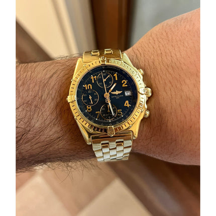 40mm Breitling Chronomat Automatic Chronograph 18K Solid Gold Black Dial Rotating Bezel Tachymeter Date Mens Watch 1995-Time and Carat