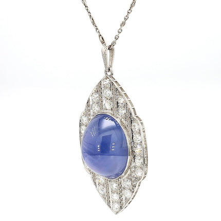 45 Carat Cabochon Ceylon Blue Star Sapphire Old Cut Diamond Art Deco Pendant Necklace Platinum Unheated Vintage-Time and Carat