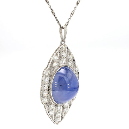 45 Carat Cabochon Ceylon Blue Star Sapphire Old Cut Diamond Art Deco Pendant Necklace Platinum Unheated Vintage-Time and Carat