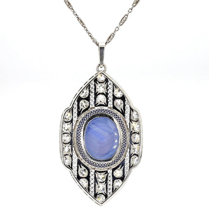 45 Carat Cabochon Ceylon Blue Star Sapphire Old Cut Diamond Art Deco Pendant Necklace Platinum Unheated Vintage-Time and Carat