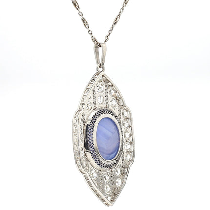 45 Carat Cabochon Ceylon Blue Star Sapphire Old Cut Diamond Art Deco Pendant Necklace Platinum Unheated Vintage-Time and Carat