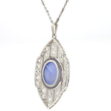 45 Carat Cabochon Ceylon Blue Star Sapphire Old Cut Diamond Art Deco Pendant Necklace Platinum Unheated Vintage-Time and Carat