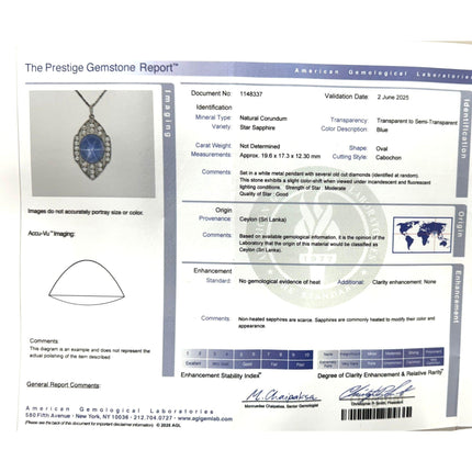 45 Carat Cabochon Ceylon Blue Star Sapphire Old Cut Diamond Art Deco Pendant Necklace Platinum Unheated Vintage-Time and Carat