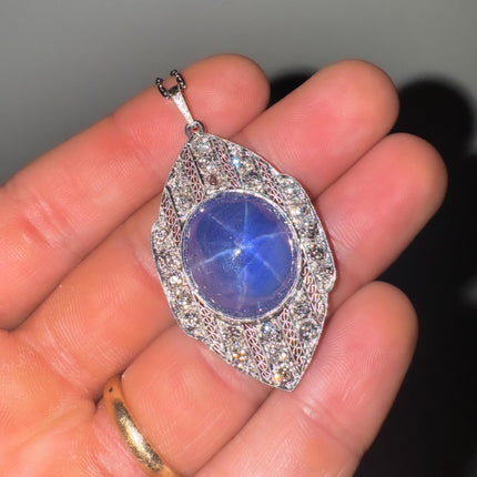 45 Carat Cabochon Ceylon Blue Star Sapphire Old Cut Diamond Art Deco Pendant Necklace Platinum Unheated Vintage-Time and Carat