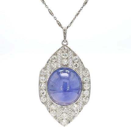45 Carat Cabochon Ceylon Blue Star Sapphire Old Cut Diamond Art Deco Pendant Necklace Platinum Unheated Vintage-Time and Carat