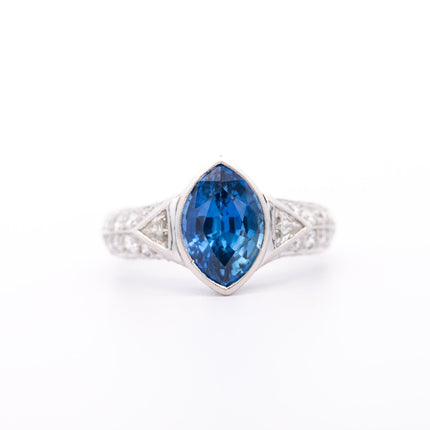 4.00 Carat Marquise Cut Ceylon Blue Sapphire Trillion Round Diamond Vintage Ring-Time and Carat