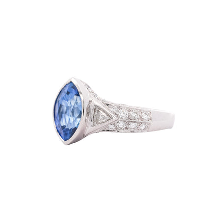 4.00 Carat Marquise Cut Ceylon Blue Sapphire Trillion Round Diamond Vintage Ring-Time and Carat