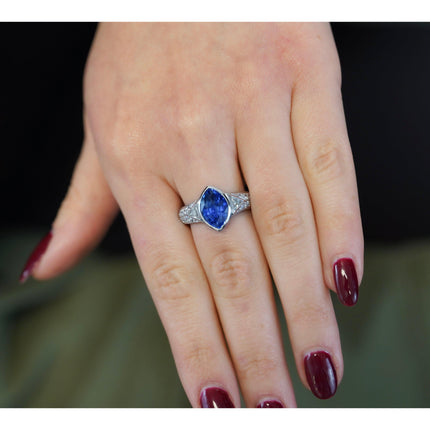 4.00 Carat Marquise Cut Ceylon Blue Sapphire Trillion Round Diamond Vintage Ring-Time and Carat