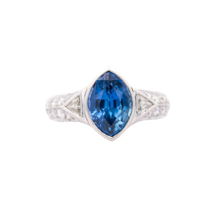 4.00 Carat Marquise Cut Ceylon Blue Sapphire Trillion Round Diamond Vintage Ring-Time and Carat