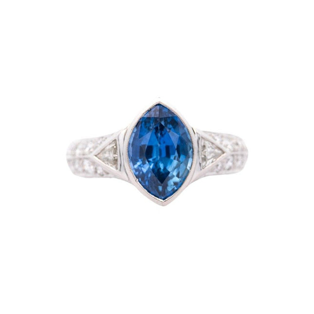 4.00 Carat Marquise Cut Ceylon Blue Sapphire Trillion Round Diamond Vintage Ring-Time and Carat