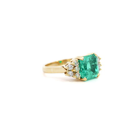 4.00 Carat Square Octagonal Cut Colombian Emerald Round Diamond Engagement Ring 14K Yellow Gold-Time and Carat