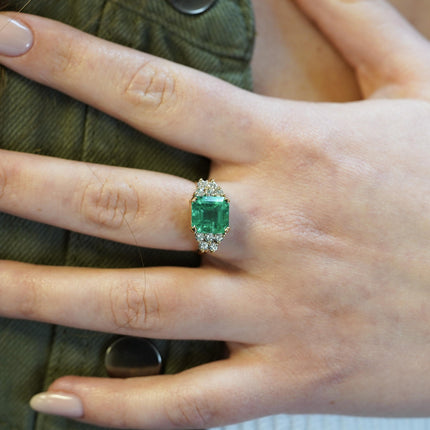 4.00 Carat Square Octagonal Cut Colombian Emerald Round Diamond Engagement Ring 14K Yellow Gold-Time and Carat