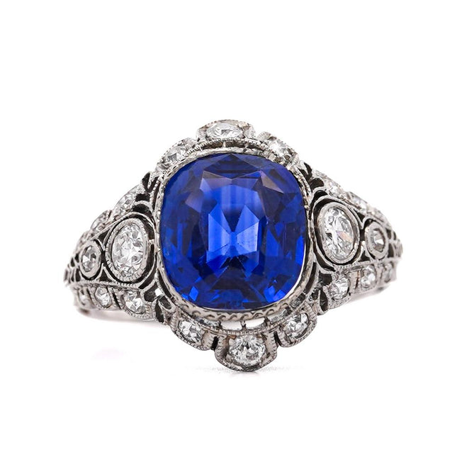 4.02 Carat No Heat Ceylon Sapphire In Platinum Art Deco Ring-Time and Carat