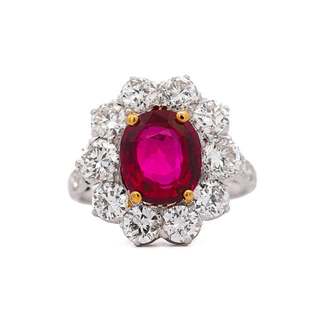 4.05 Carat Oval Cut Thai Ruby Old European French Cut Diamond Cluster Halo Ring Art Deco Platinum-Time and Carat