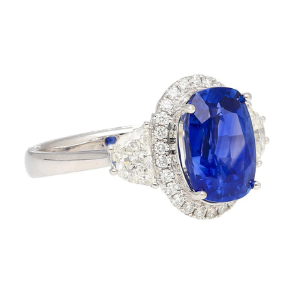 4.07 Carat Oval Cut Burma Blue Sapphire Diamond Halo Engagement Ring 18K White Gold-Time and Carat