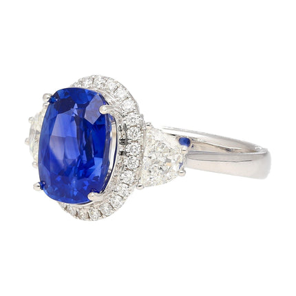 4.07 Carat Oval Cut Burma Blue Sapphire Diamond Halo Engagement Ring 18K White Gold-Time and Carat