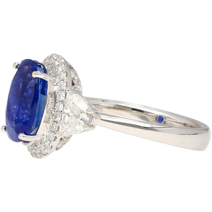 4.07 Carat Oval Cut Burma Blue Sapphire Diamond Halo Engagement Ring 18K White Gold-Time and Carat