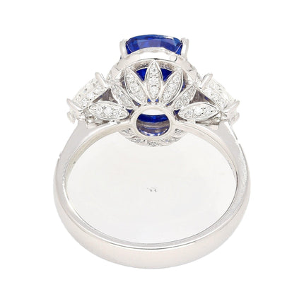4.07 Carat Oval Cut Burma Blue Sapphire Diamond Halo Engagement Ring 18K White Gold-Time and Carat