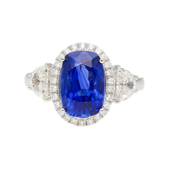 4.07 Carat Oval Cut Burma Blue Sapphire Diamond Halo Engagement Ring 18K White Gold-Time and Carat