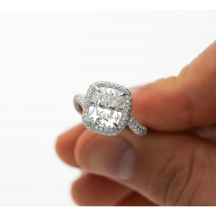 4.10 Carat Cushion Cut Diamond Halo Free Form Shank Engagement Ring-Time and Carat