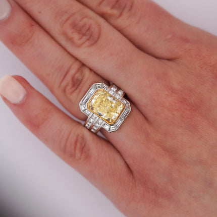 4.12 Carat Fancy Yellow Radiant Cut Diamond Halo Engagement Ring 18K White Gold-Time and Carat